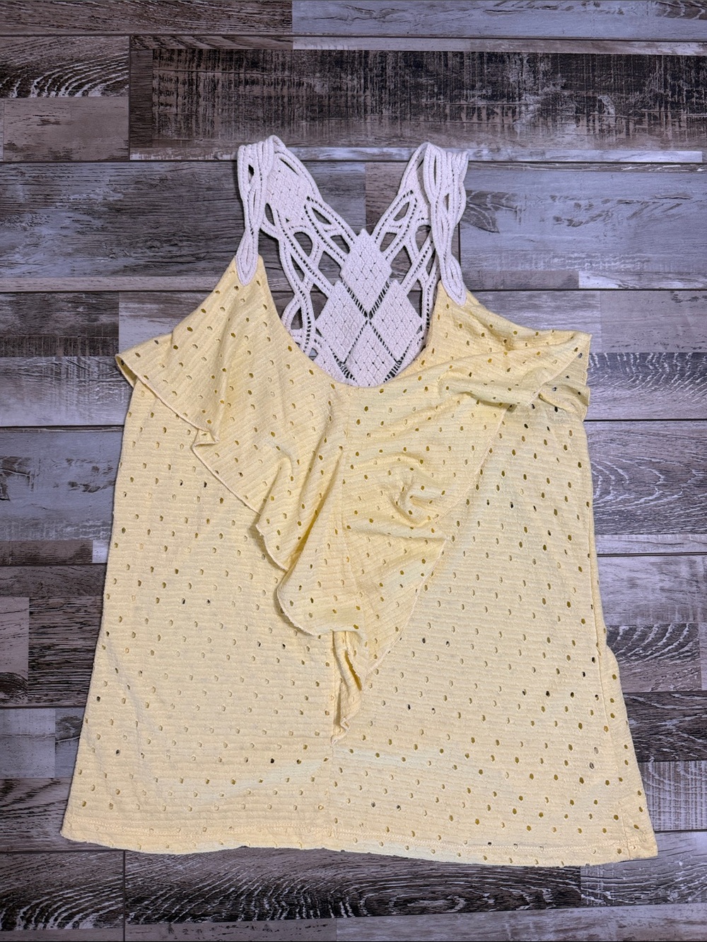 Crochet-Back Ruffle Eyelet Tank Top - Light Yellow